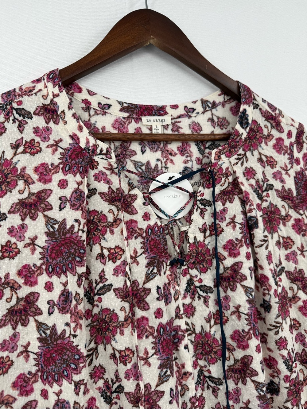 En Crème Floral Boho Dress Size S Bell Sleeve Tunic Pink Navy - Picture 4 of 11